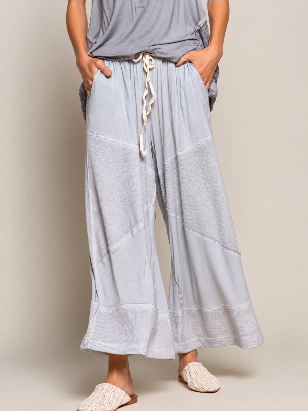 POL Dove Gray Wide Leg Drawstring Patchwork Pants M/L NWT